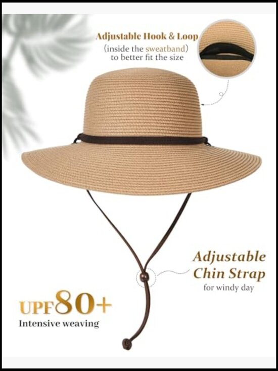Wide Brim Sun Hat with Wind Lanyard UPF 80+ Straw Summer Beach Hat Foldable main image 5